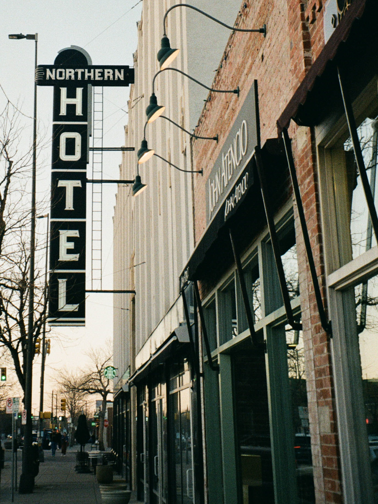 A sign for the Northern Hotel in Fort Collins, Colorado, at sunset.